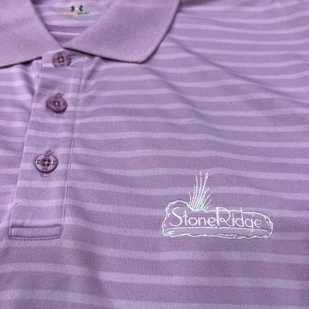 Under‎ Armour HeatGear Mens Lavender Stripe Golf Polo Shirt StoneRidge Logo MD - Picture 6 of 9